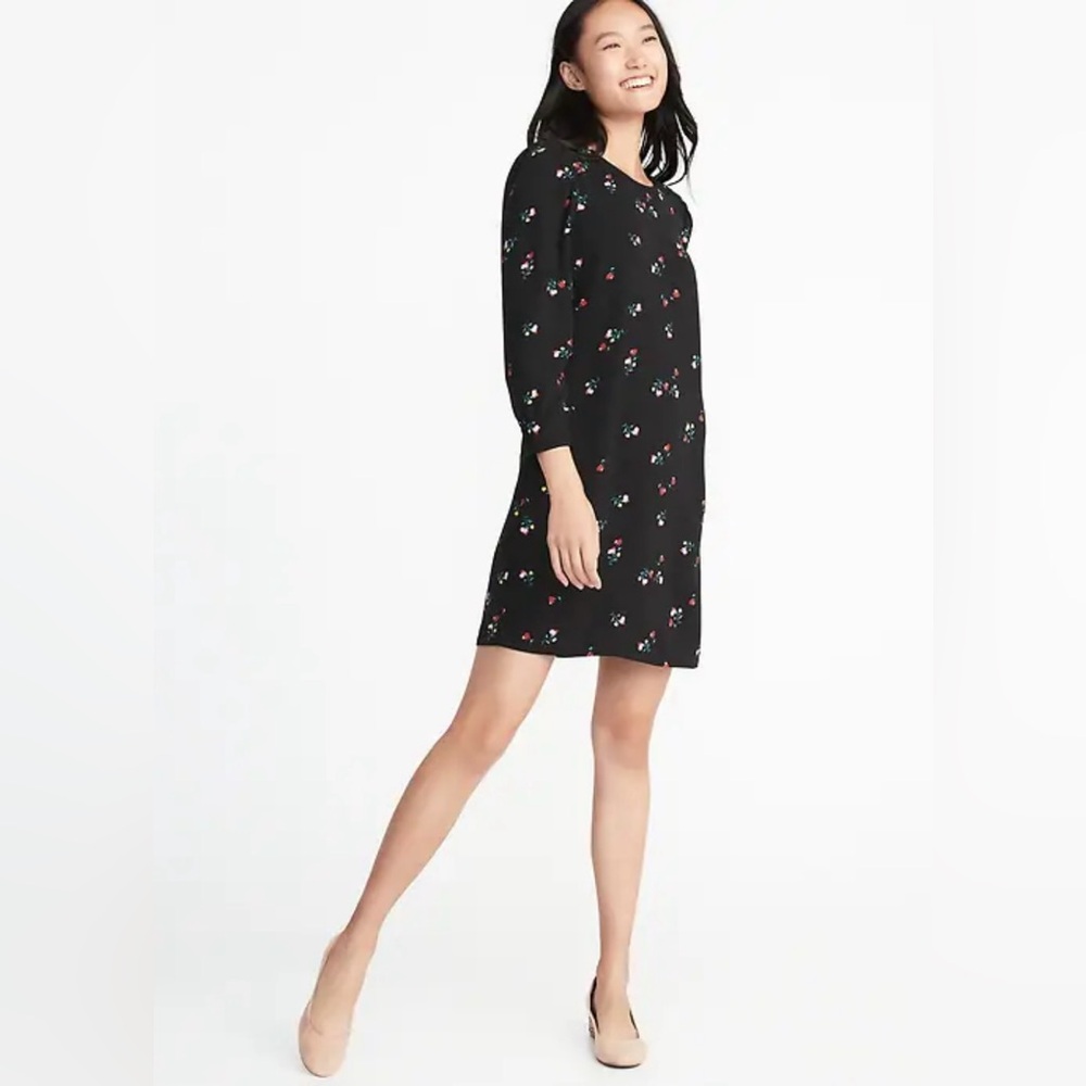Old Navy Dress Sz S Crepe Black Ditsy Floral 3/4 Sleeves + Buttons Feminine